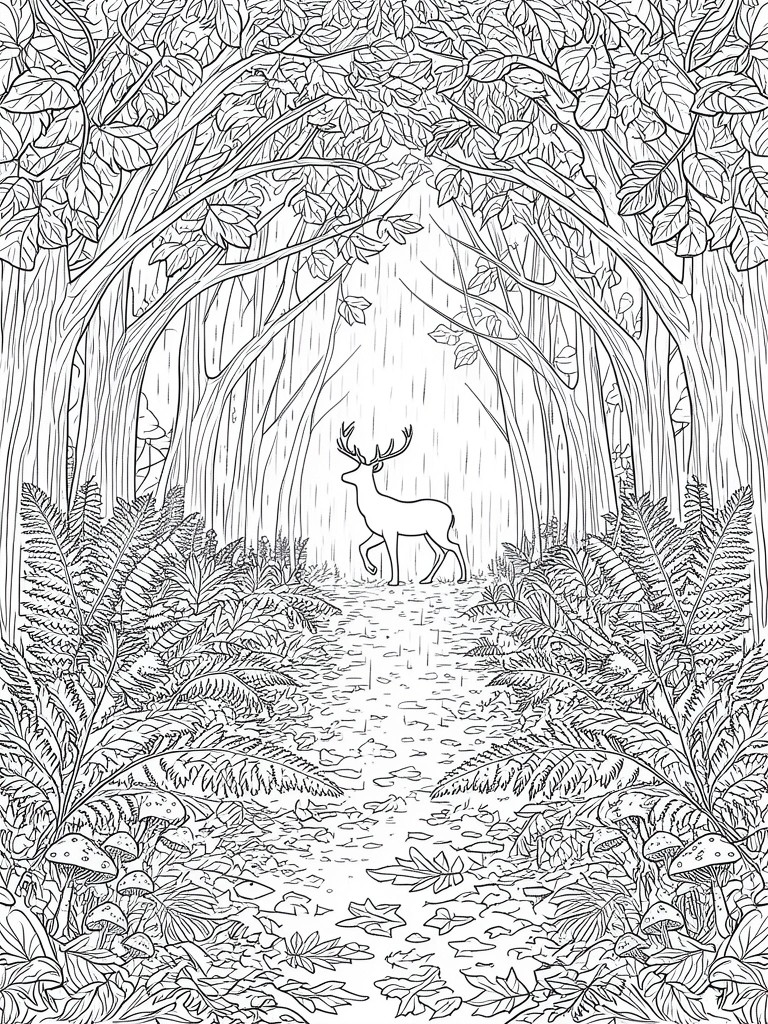 Line art of a deer on a rainy forest path lined with ferns and mushrooms.