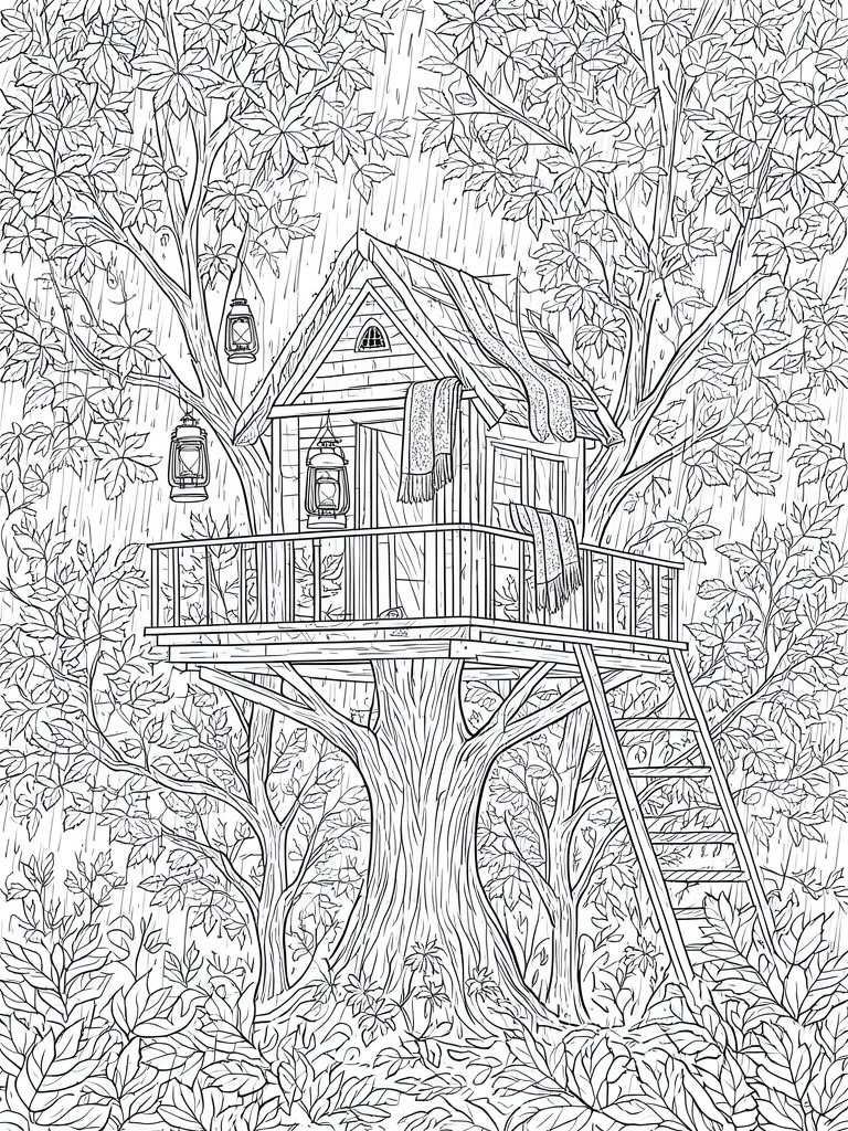A black and white line drawing of a treehouse built in a large tree, with lanterns, a balcony, a ladder, dense foliage, and rain lines filling the scene.