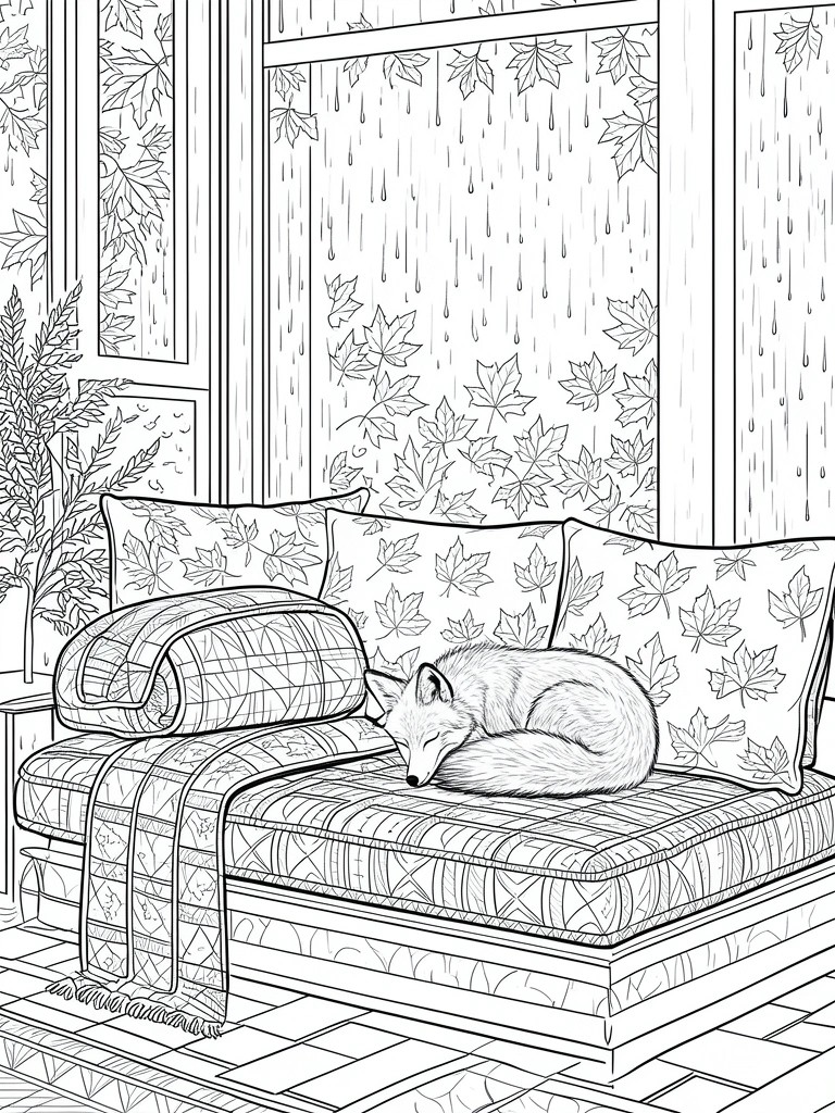 A line drawing of a sleeping fox on a couch inside a room, with rain and falling leaves visible through large windows.