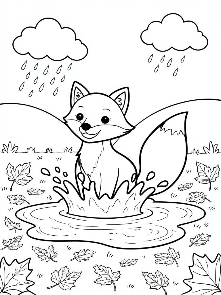 Cartoon fox splashing in puddle under rainy clouds with scattered autumn leaves.