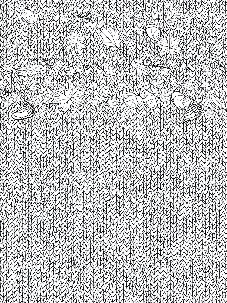 A black and white coloring page showing a knitted texture background with acorns, maple leaves, and small flowers arranged across the top half.
