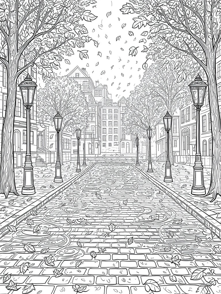 Black and white line drawing of autumn cobblestone street with trees and lamps.