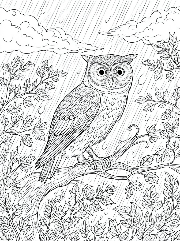 Owl perched on branch amid rain, clouds, and leafy foliage in line art.