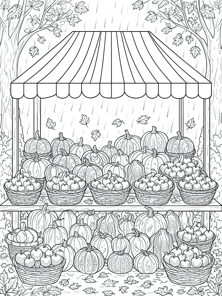 Coloring page of rainy market stand with pumpkins, apples, baskets and striped awning