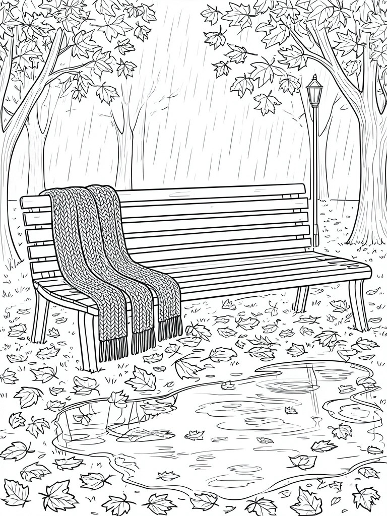 A line drawing of a park bench with a draped blanket beside a puddle and trees in the rain.