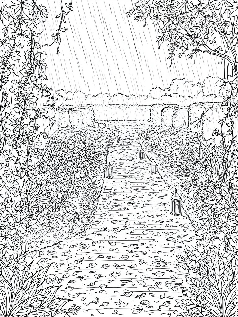 Rainy stone path lined with lanterns through lush garden hedges in line art.