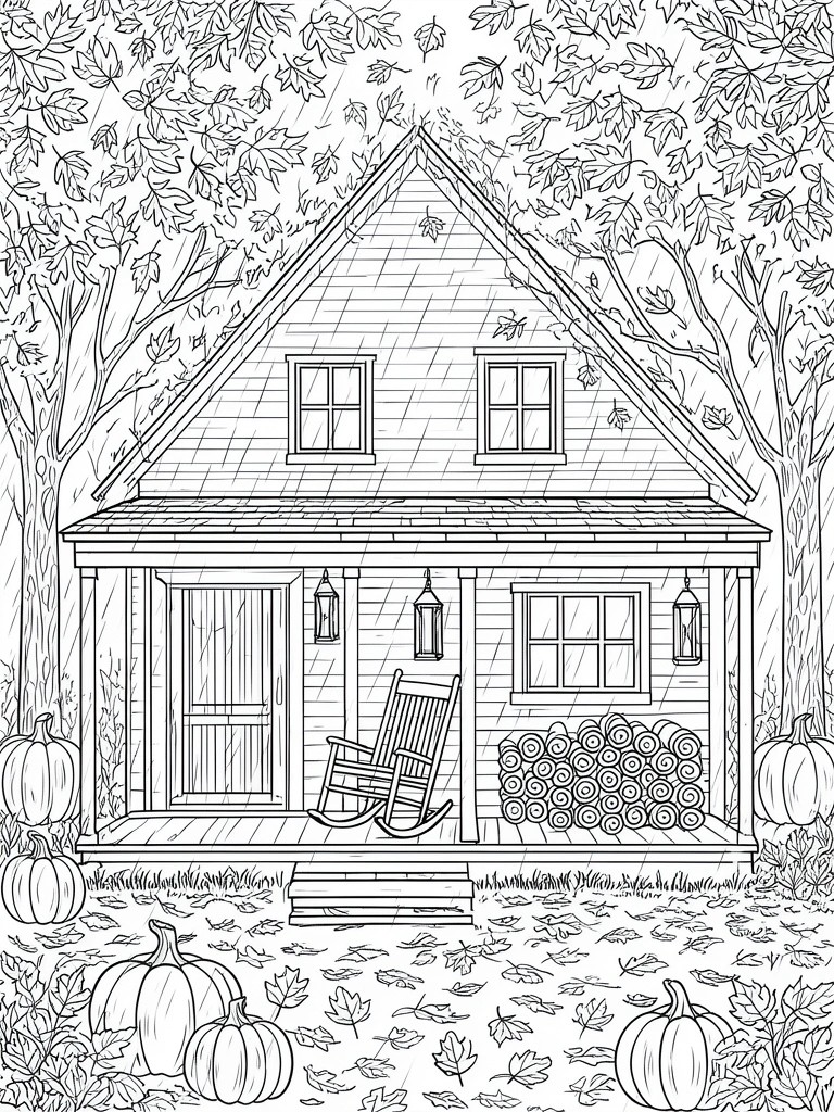 Coloring page of autumn house with porch, rocking chair, pumpkins, falling leaves
