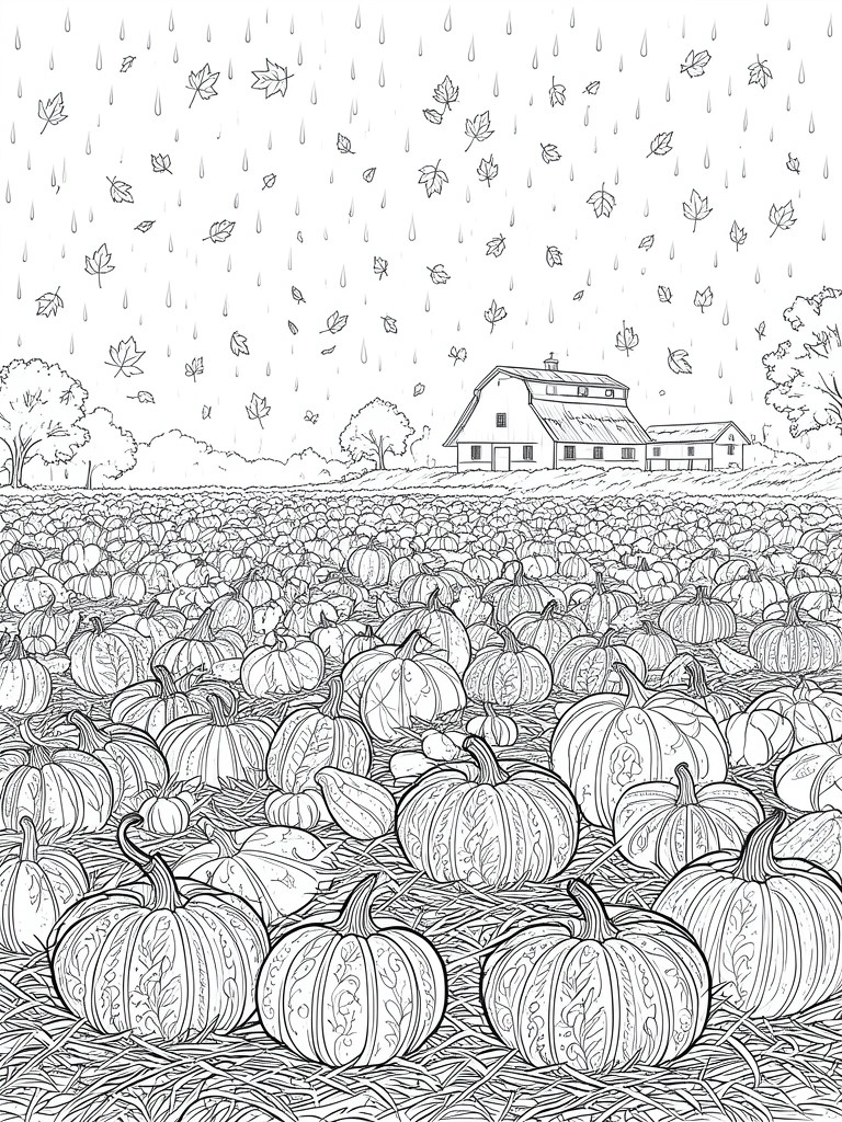 A black and white line drawing of a pumpkin patch with many pumpkins, a barn in the background, falling rain, and autumn leaves.
