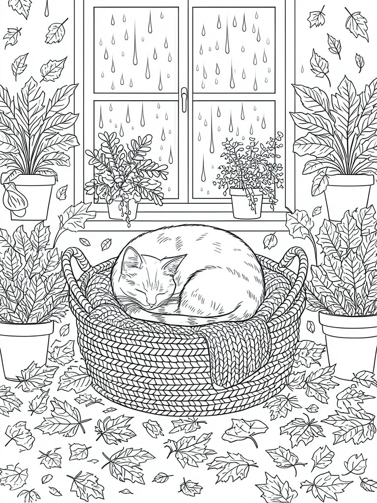 Sleeping cat in woven basket amid potted plants by rainy window with falling leaves