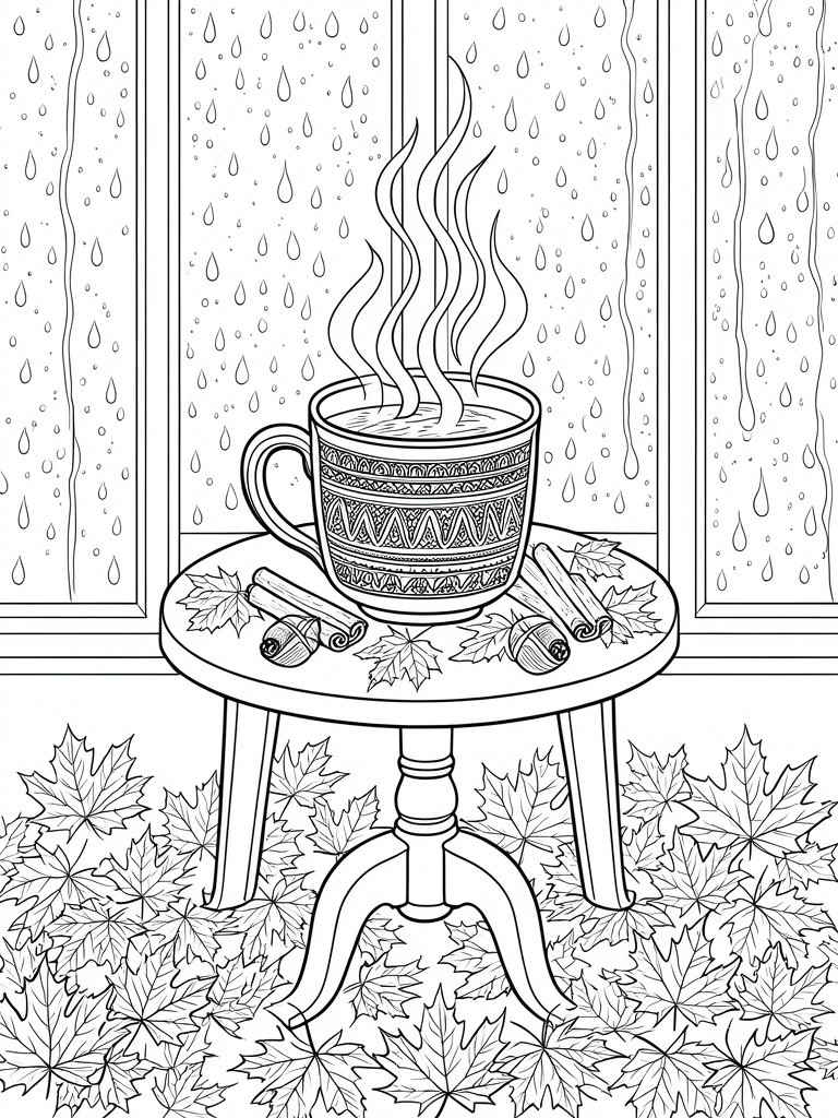 Coloring page of steaming patterned mug with cinnamon sticks and leaves by rainy window