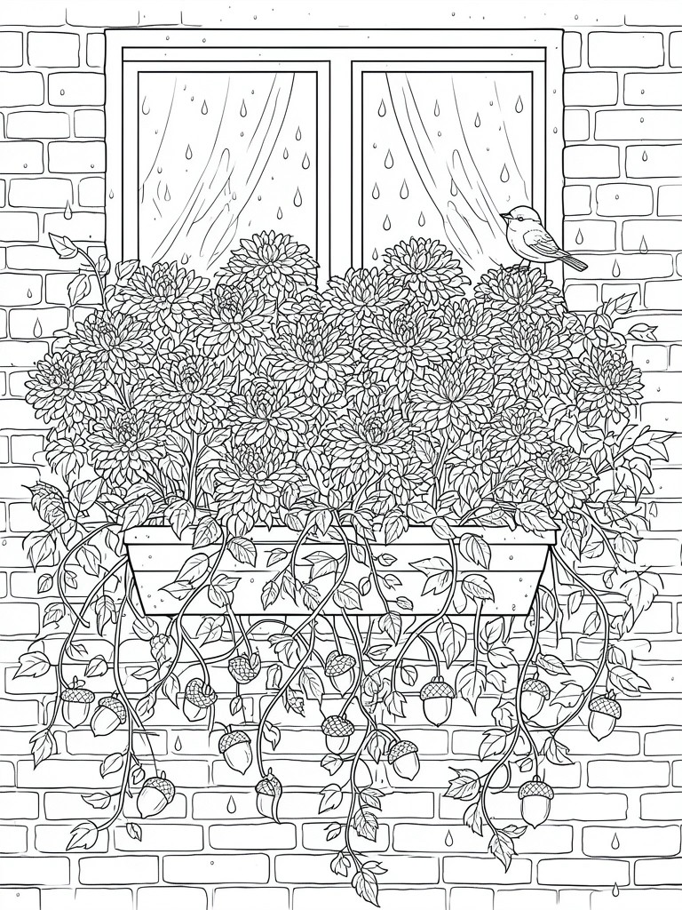 A black and white coloring page showing a window with flowers in a box, raindrops on the glass, a small bird, and acorn-covered vines against a brick wall.