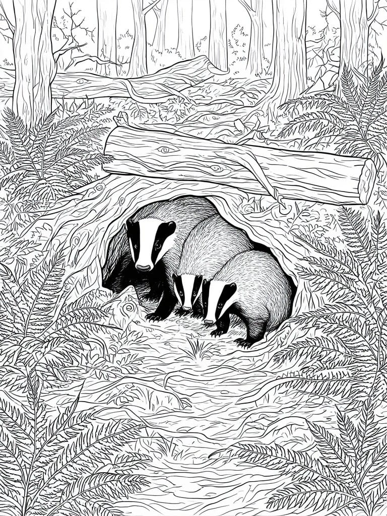Black and white line drawing of three badgers inside a forest burrow surrounded by ferns, logs, and trees.