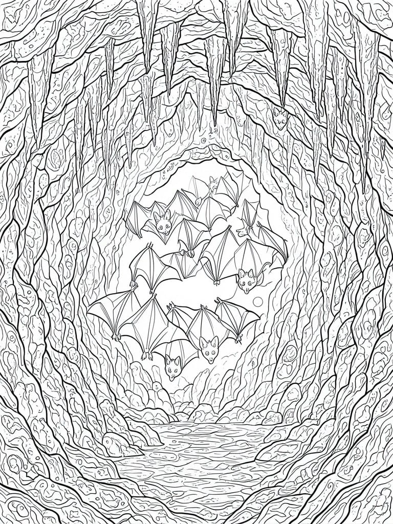 Line drawing of bats flying in a rocky cave with stalactites and stream below.