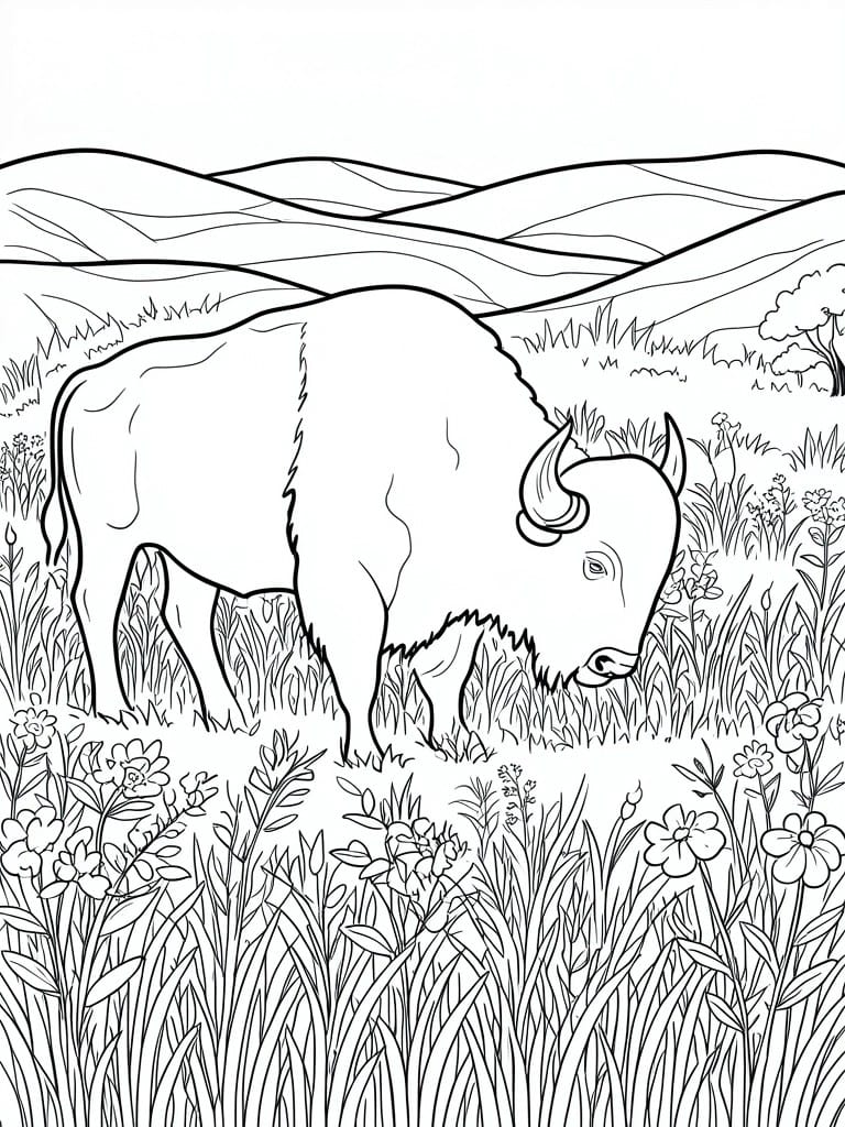 Black-and-white line drawing of bison amid wildflowers with hills behind
