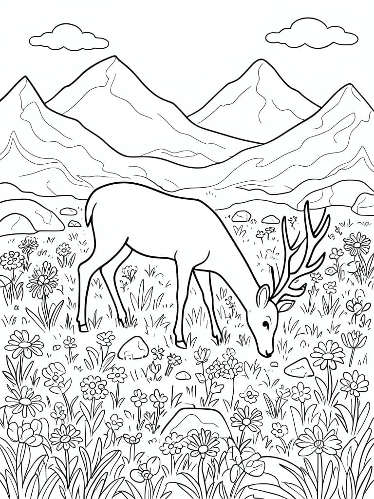 A black and white line drawing of a deer with antlers standing in a flowery meadow with mountains behind it.