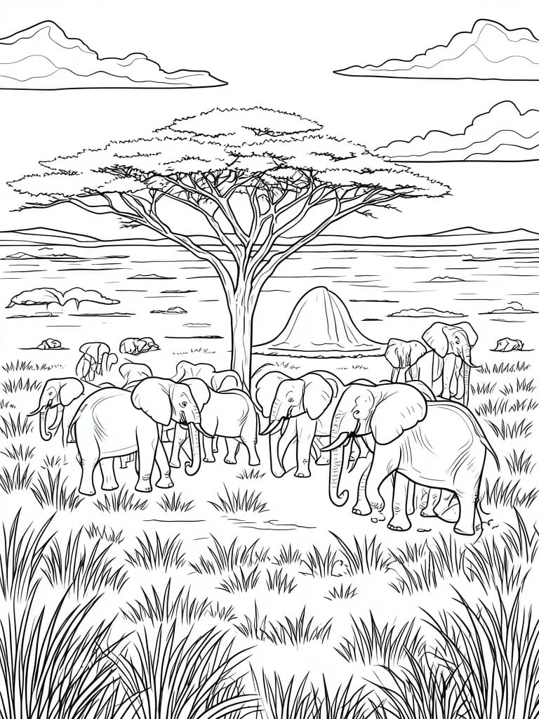 A line drawing of elephants gathered near a large tree in a savanna landscape with grass, hills, and clouds.