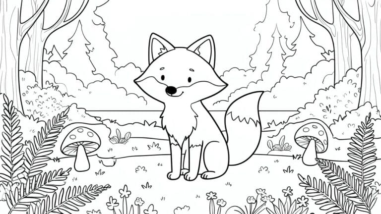 A black and white line drawing of a cute fox sitting in a forest with trees, mushrooms, and ferns.