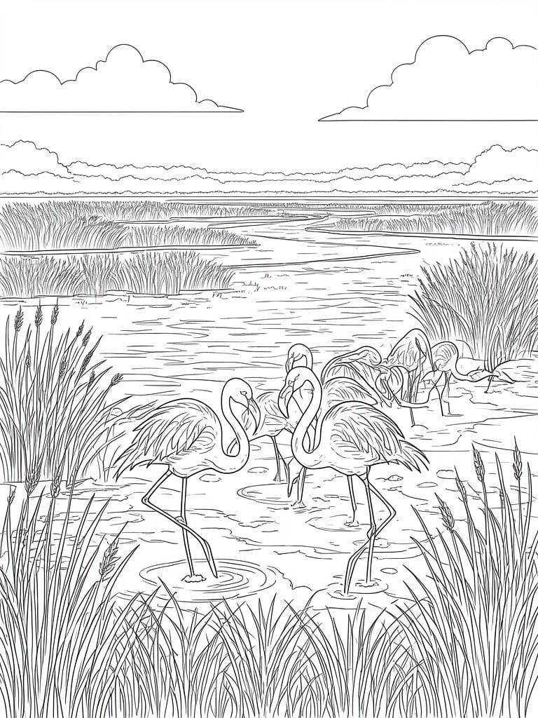 A coloring page of flamingos standing in shallow water among tall reeds and grasses in a wetland landscape.