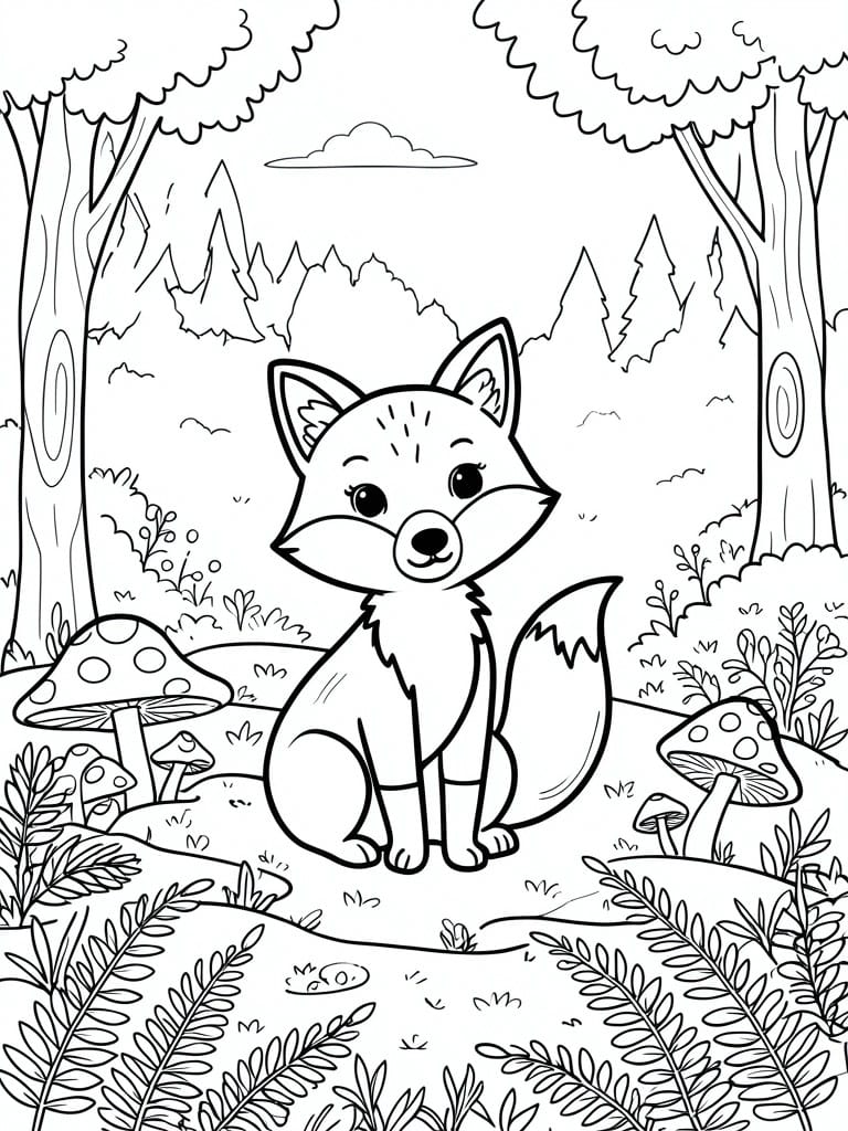 A black and white line drawing of a cute fox sitting in a forest with trees, mushrooms, and ferns.