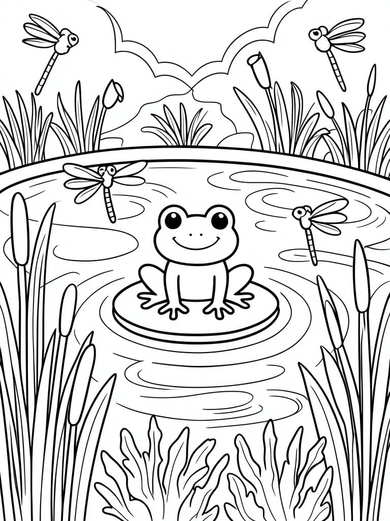 A black and white coloring page shows a frog on a lily pad in a pond with dragonflies and reeds around the water.