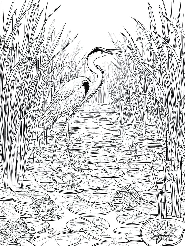A black and white line drawing of a heron standing on lily pads in a pond with three frogs nearby and reeds and cattails along the edges.