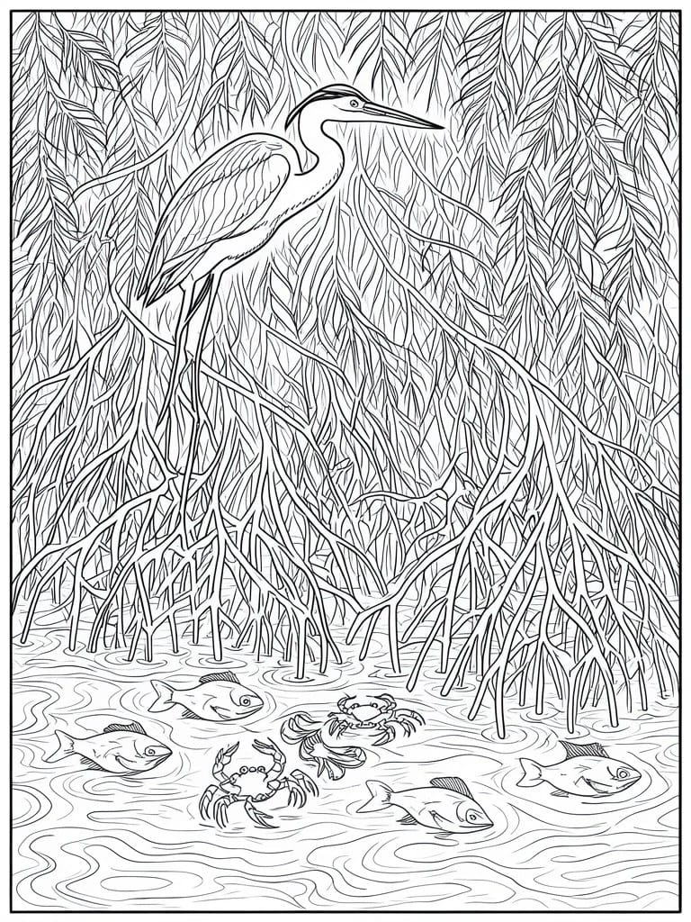 Line drawing of heron among mangrove roots with fish and crabs in water.