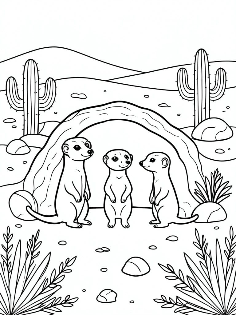 Three meerkats by desert burrow with cacti, rocks, and plants in line art.