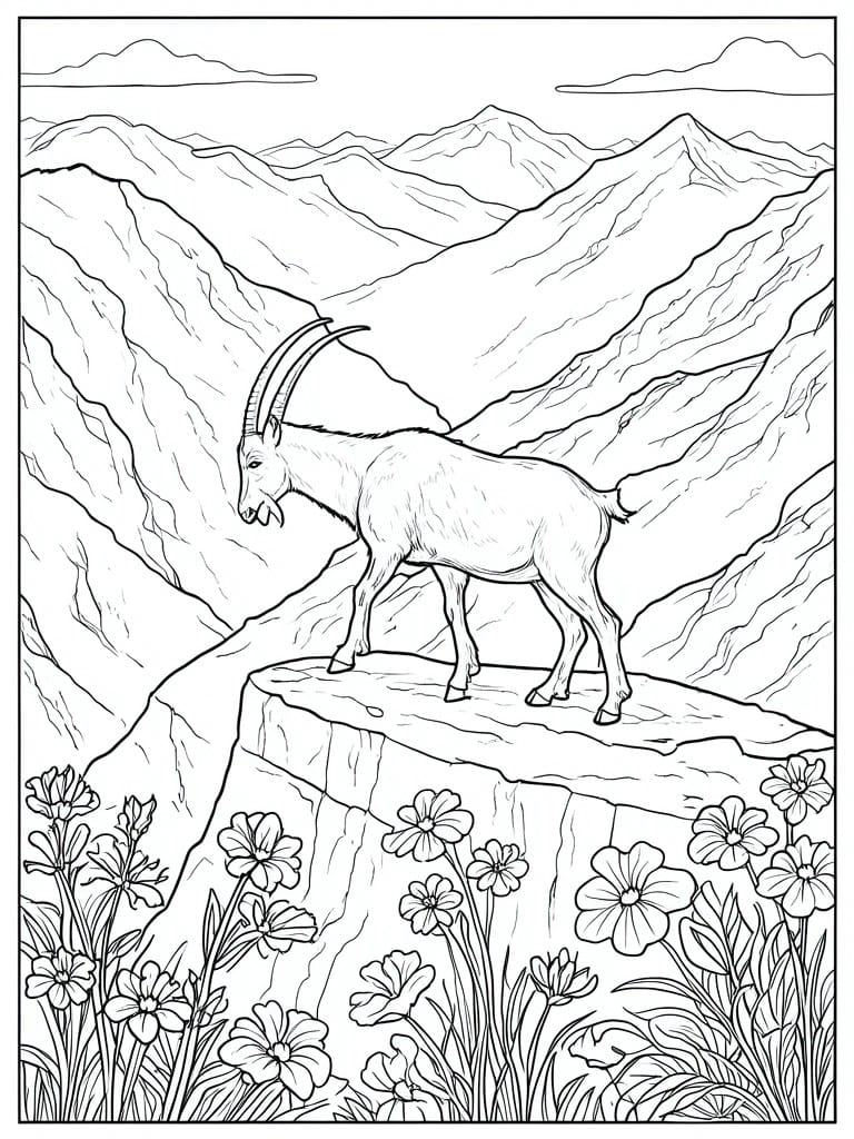 Line drawing of a mountain goat on a cliff ledge with mountains behind and flowers below.
