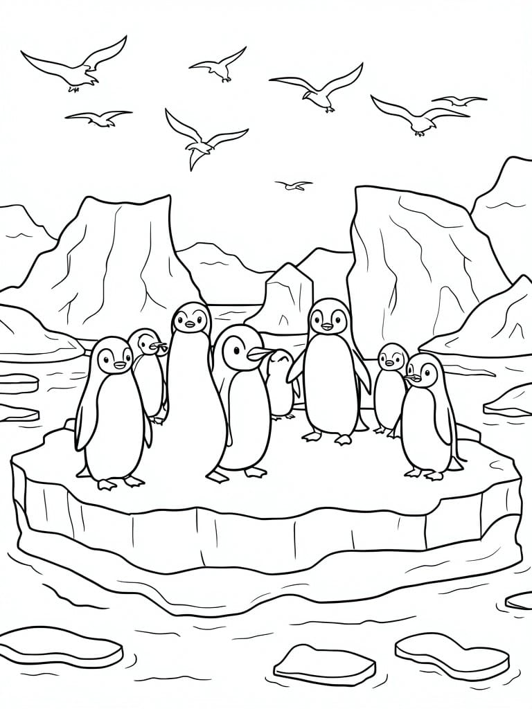 A black and white line drawing of penguins on an ice platform with birds flying above rocky cliffs and ice chunks in the water.