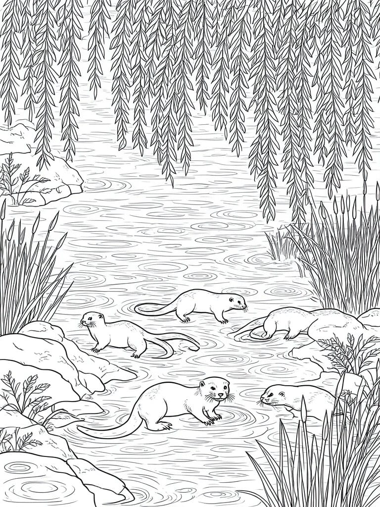 Black and white line drawing of four otters near rocks in a stream with hanging branches, reeds, and water ripples.