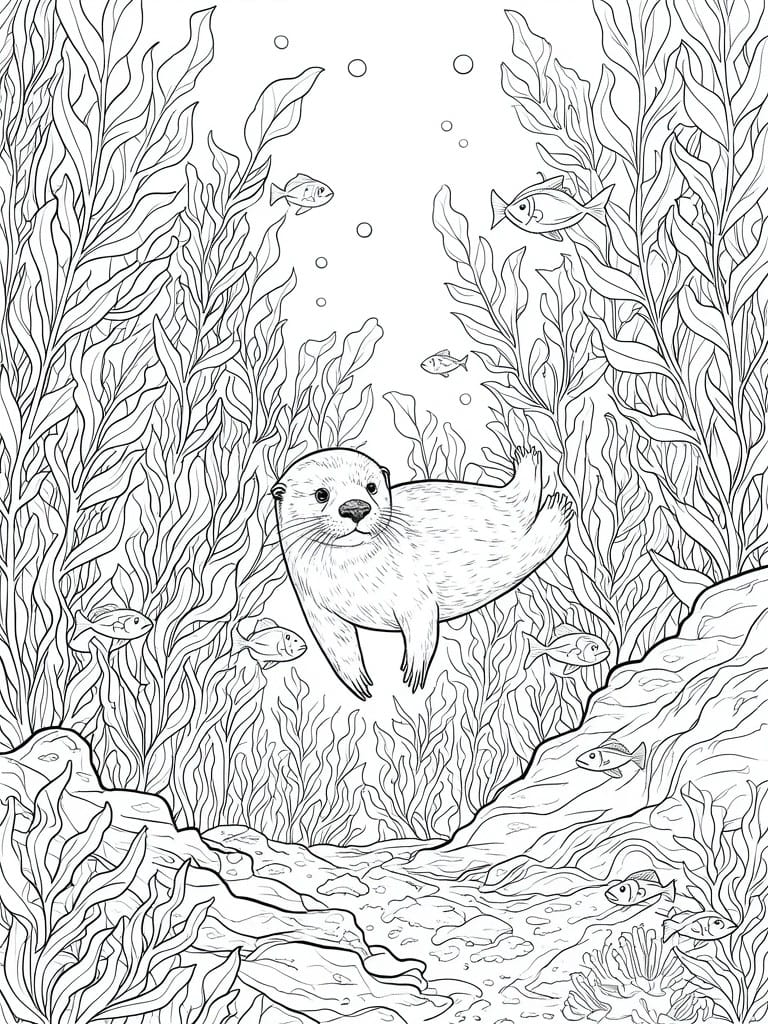 A black and white line drawing of a sea otter swimming underwater among tall kelp, various fish, rocks, and bubbles.