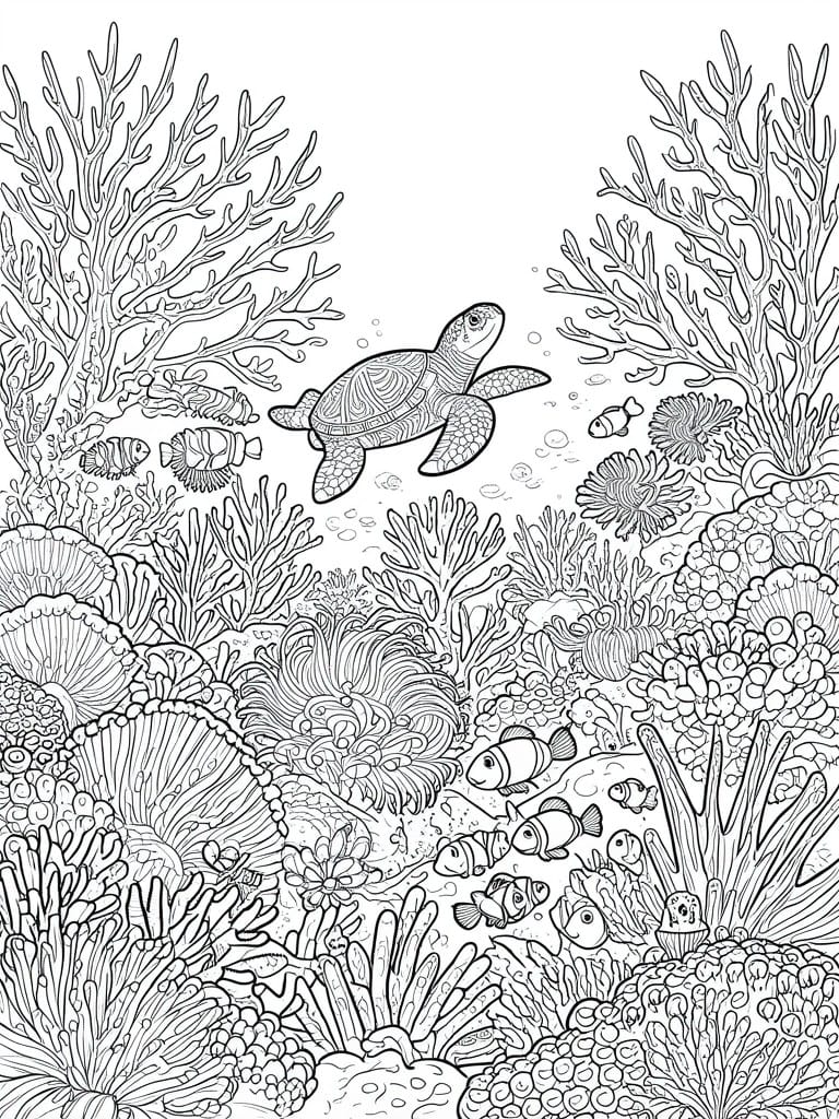 Line art of sea turtle swimming amid coral reefs, tropical fish, and bubbles