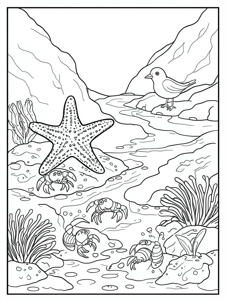 Coloring page of starfish, crabs, bird, and seaweed in rocky tide pool