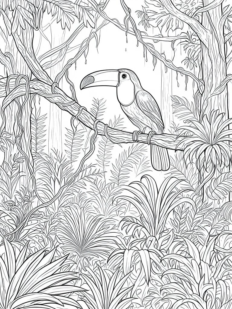 A black and white line drawing of a toucan on a branch surrounded by jungle vines and tropical leaves.