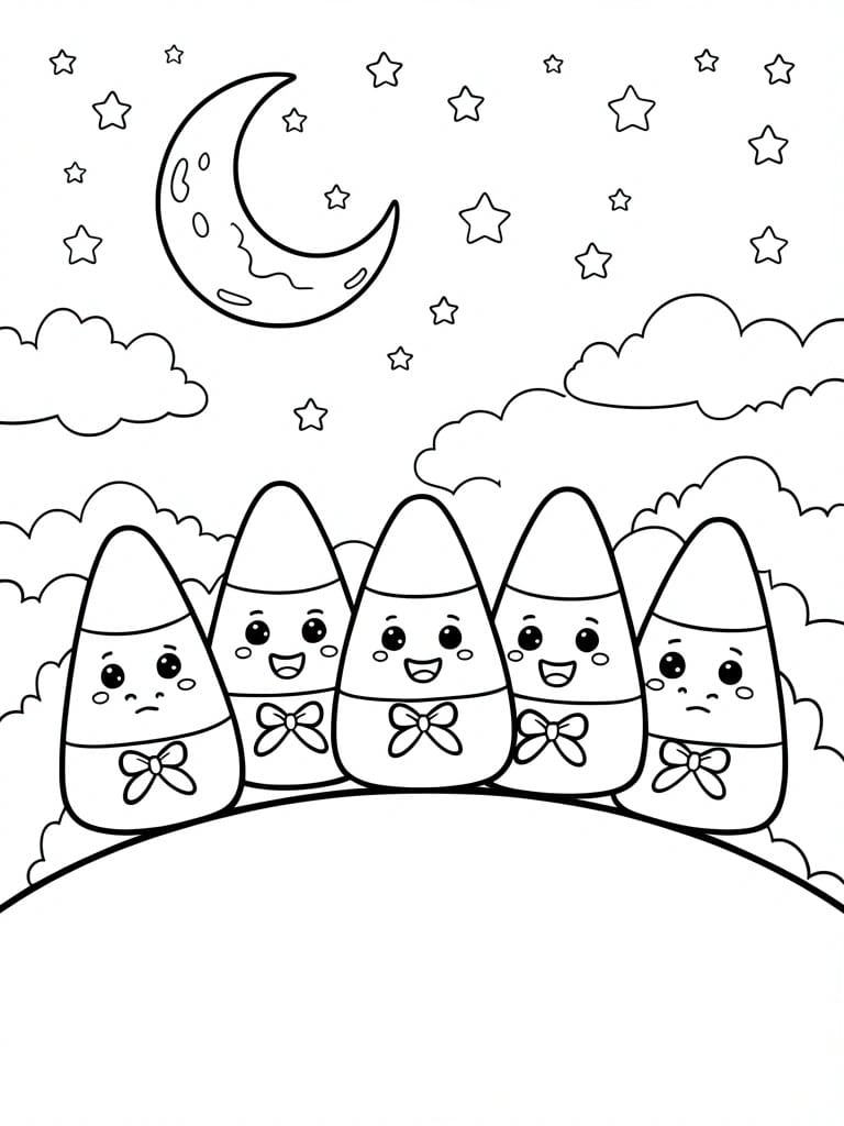 Five candy corn characters with bows under crescent moon and stars at night