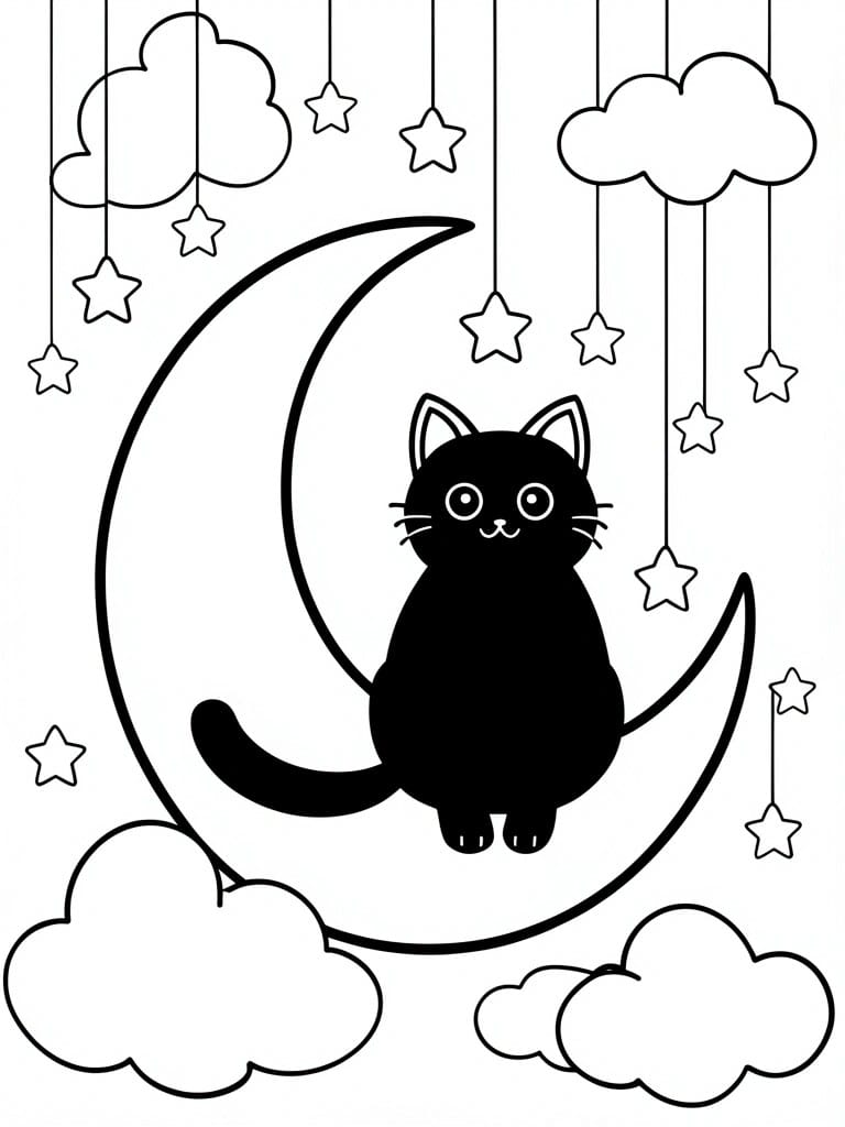 A black and white line drawing of a cat sitting on a crescent moon with clouds and stars hanging from strings.