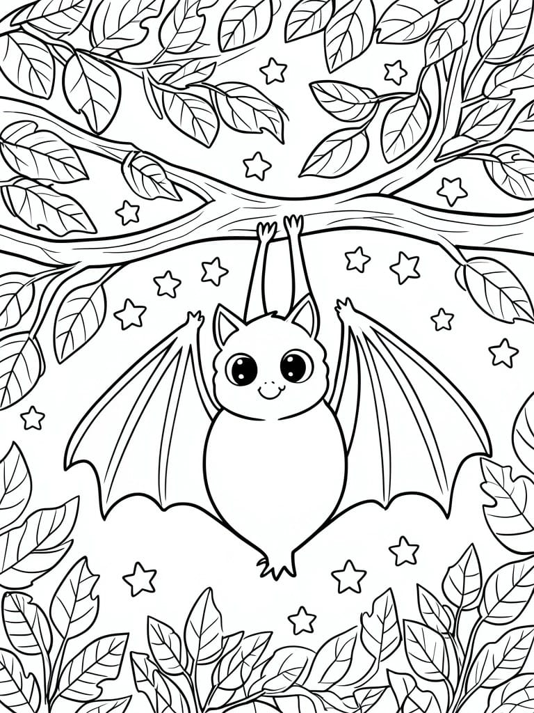 A black and white line drawing of a cute cartoon bat hanging upside down from a tree branch surrounded by leaves and stars.