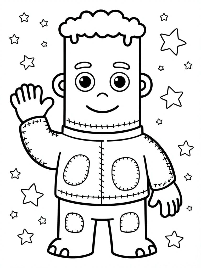 A black and white line drawing of a cute Frankenstein monster waving with stars around it.