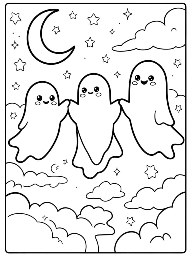 Three cute ghosts holding hands under starry night sky with moon and clouds