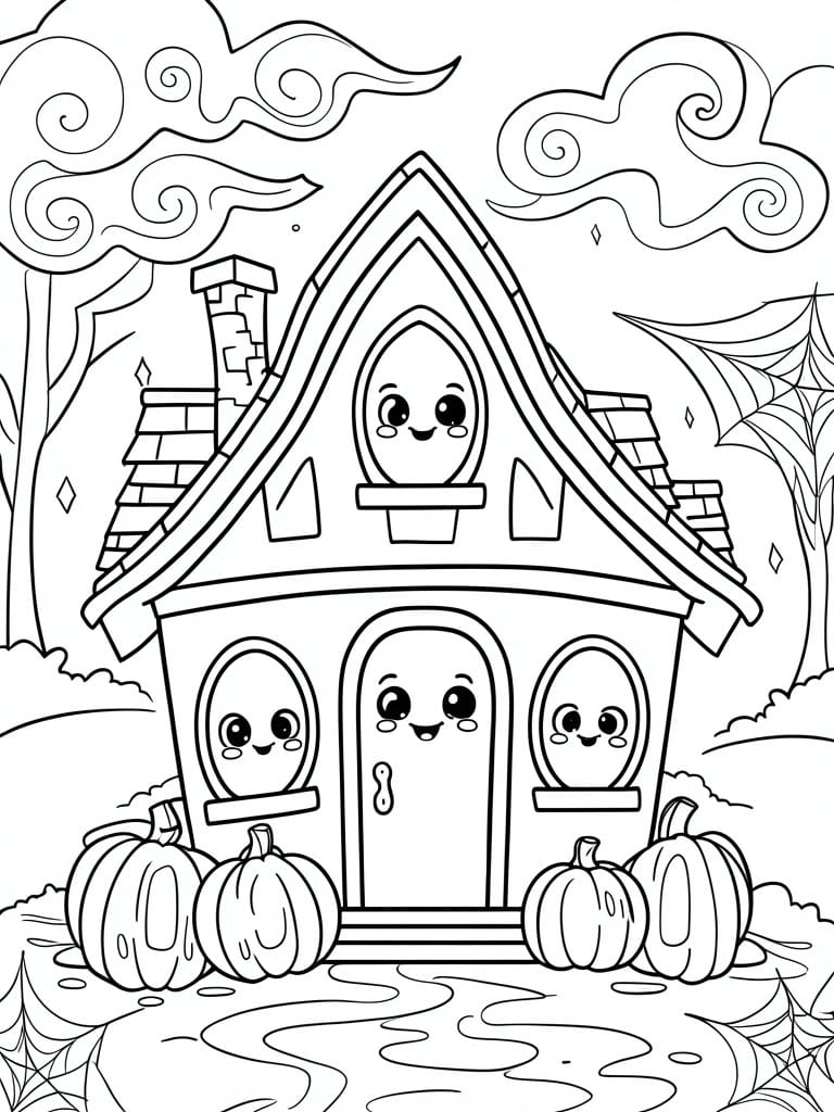 Black and white line drawing of a cartoon haunted house with smiling faces in the windows and door, pumpkins lined up in front, and trees with spider webs on both sides.