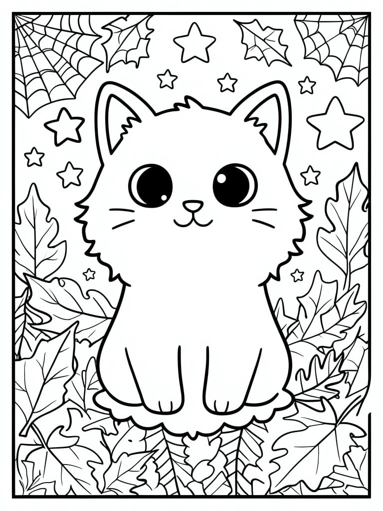 Coloring page of cute cat amid autumn leaves, stars, and spiderwebs.