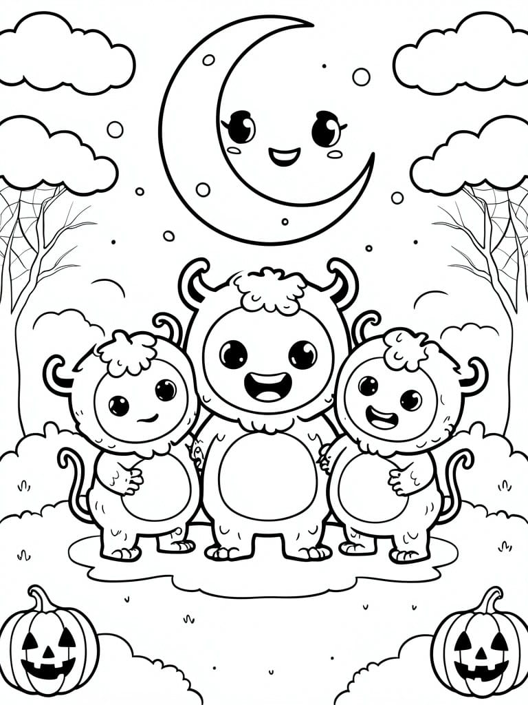 A black and white coloring page shows three cute monster creatures standing together under a smiling crescent moon, with pumpkins at the bottom and trees with spiderwebs on the sides.