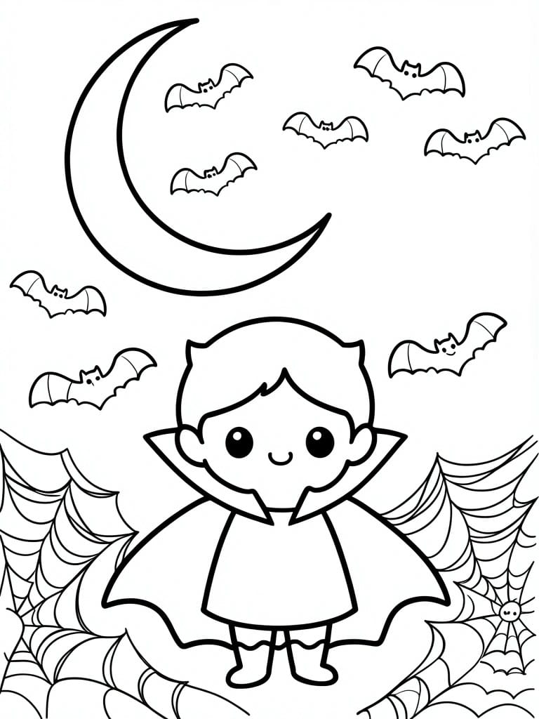 Cute cartoon vampire child with cape amid spiderwebs under moon with flying bats