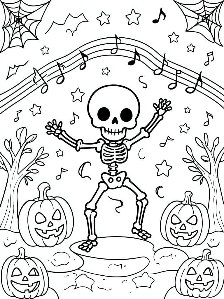 Dancing skeleton amid jack-o'-lanterns, spiderwebs, musical notes, and stars in Halloween scene.
