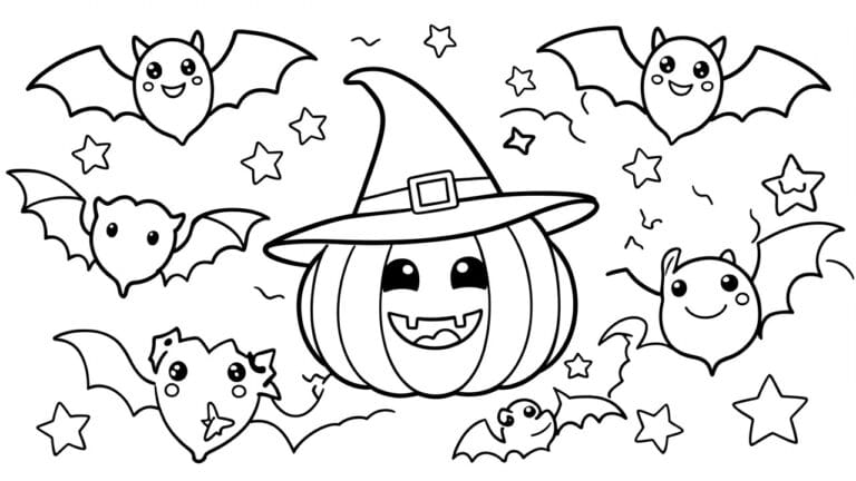 18 Easy Halloween Coloring Pages for Kids Who Like Cute Spooky Scenes Coloring page of cute jack-o'-lantern in witch hat with bats and stars