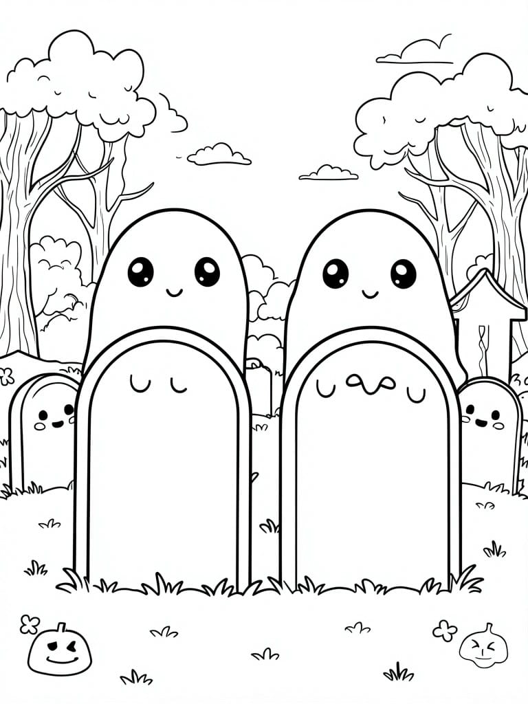 A coloring page with two large ghost-shaped tombstones that have simple smiling faces, set in a graveyard with trees, clouds, smaller tombstones, and two pumpkins on the ground.