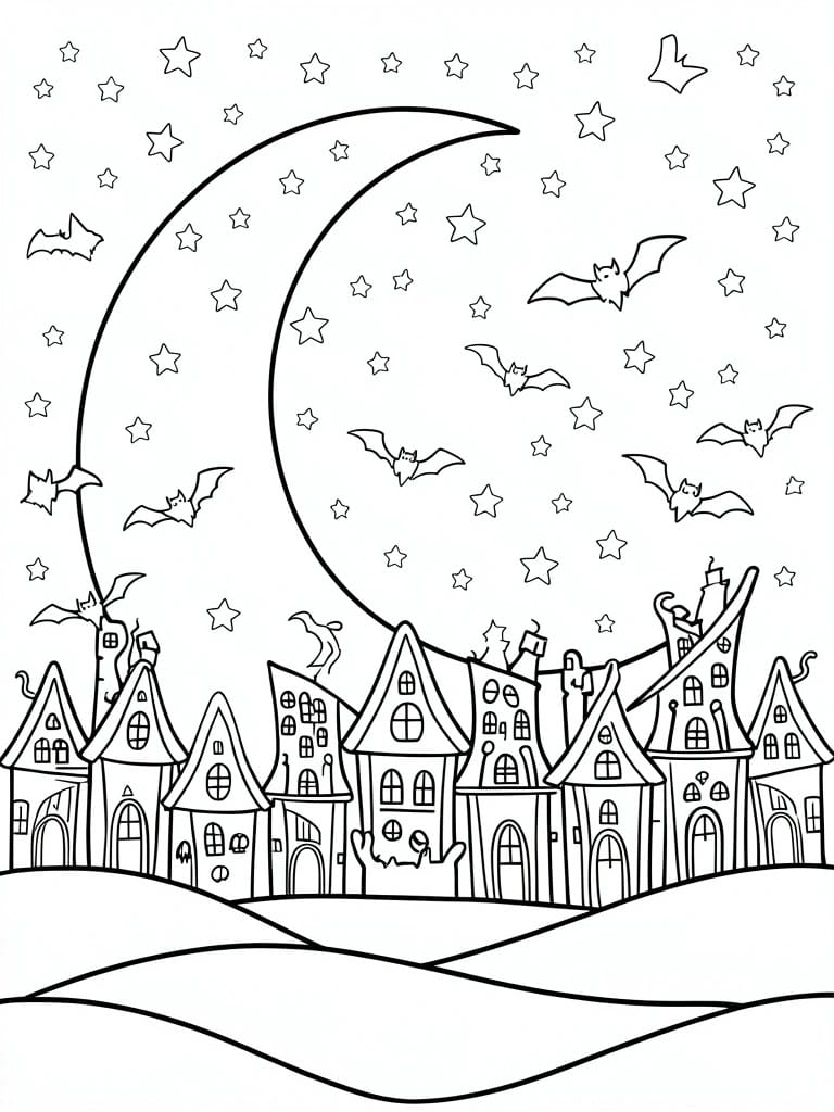 A black and white coloring page shows a row of spooky houses on a hill under a large crescent moon with stars and bats scattered across the sky.