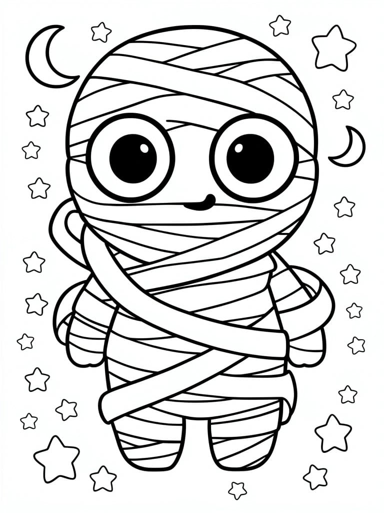 Cute cartoon mummy with big eyes amid stars and crescent moons, line drawing