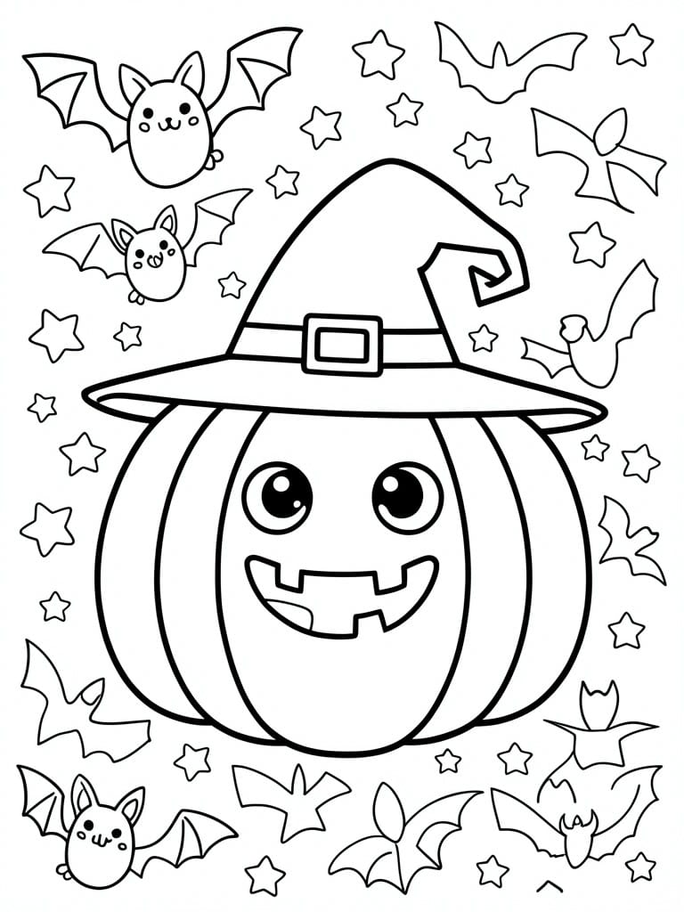 Coloring page of cute jack-o'-lantern in witch hat with bats and stars