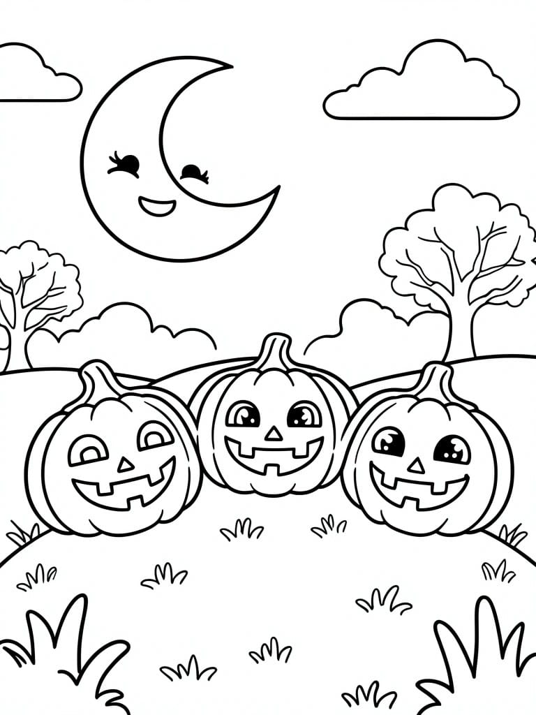 Three smiling jack-o'-lanterns under a crescent moon with trees and clouds.
